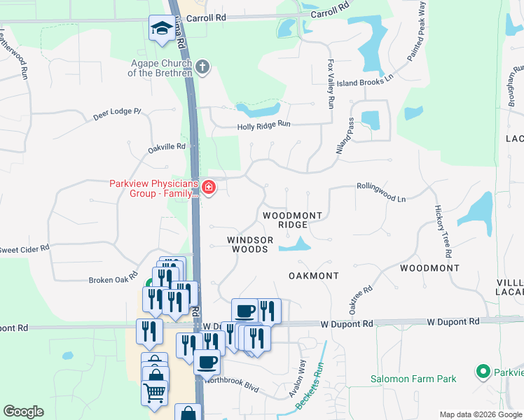 map of restaurants, bars, coffee shops, grocery stores, and more near 10924-10998 Windsor Woods Boulevard in Fort Wayne