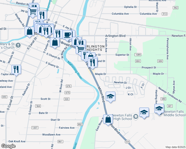 map of restaurants, bars, coffee shops, grocery stores, and more near 907 Milton Boulevard in Newton Falls