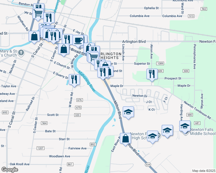 map of restaurants, bars, coffee shops, grocery stores, and more near 907 Milton Boulevard in Newton Falls