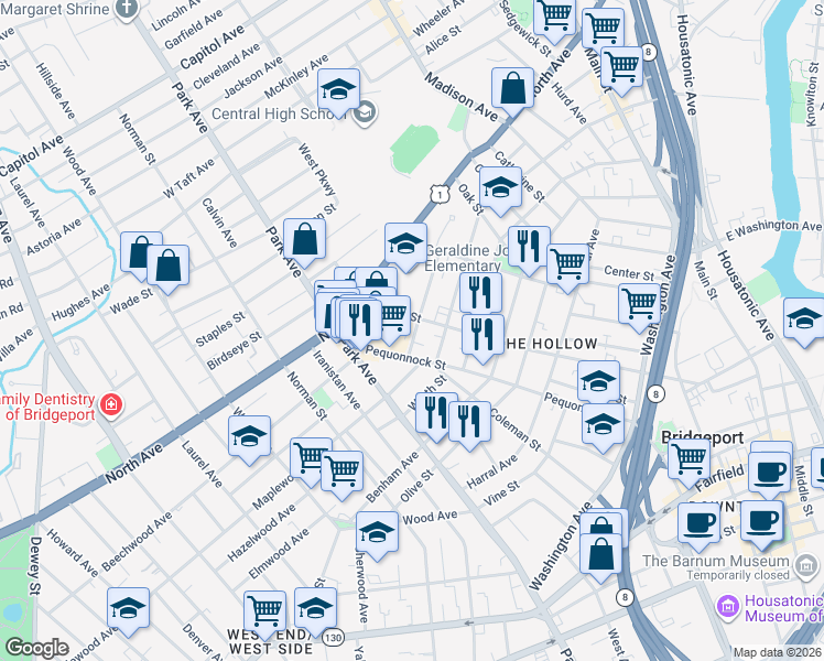 map of restaurants, bars, coffee shops, grocery stores, and more near 63 Chestnut Street in Bridgeport