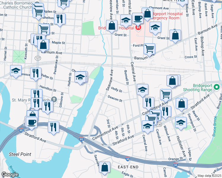 map of restaurants, bars, coffee shops, grocery stores, and more near 131 Deacon Street in Bridgeport
