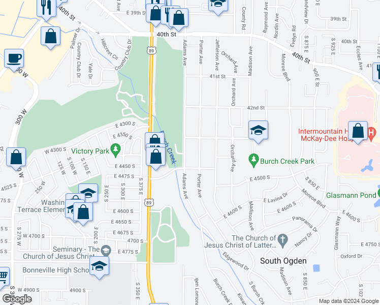 map of restaurants, bars, coffee shops, grocery stores, and more near 4332 Adams Avenue in Ogden