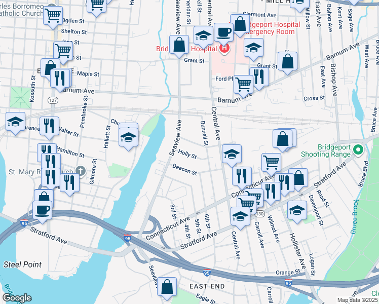 map of restaurants, bars, coffee shops, grocery stores, and more near 131 Deacon Street in Bridgeport