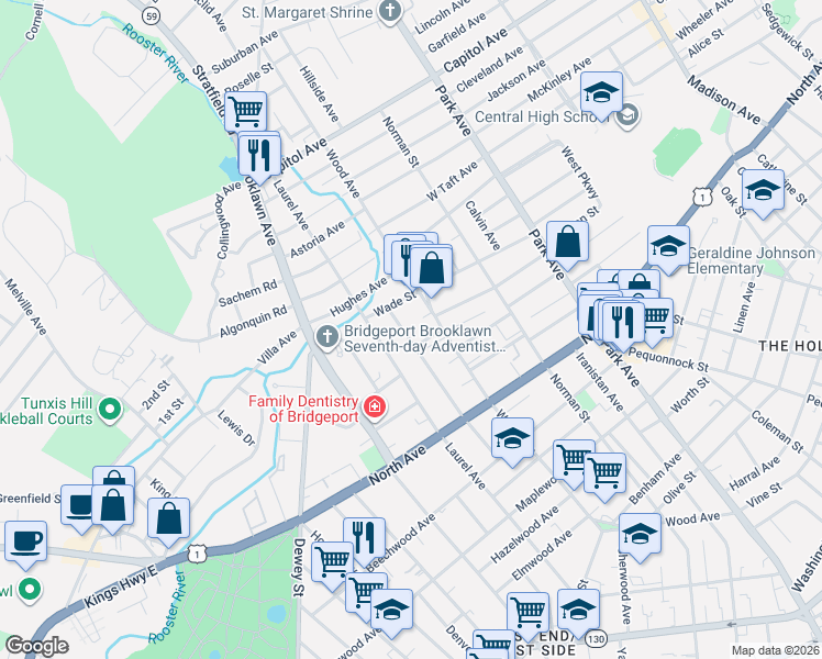 map of restaurants, bars, coffee shops, grocery stores, and more near 273 Pacific Street in Bridgeport