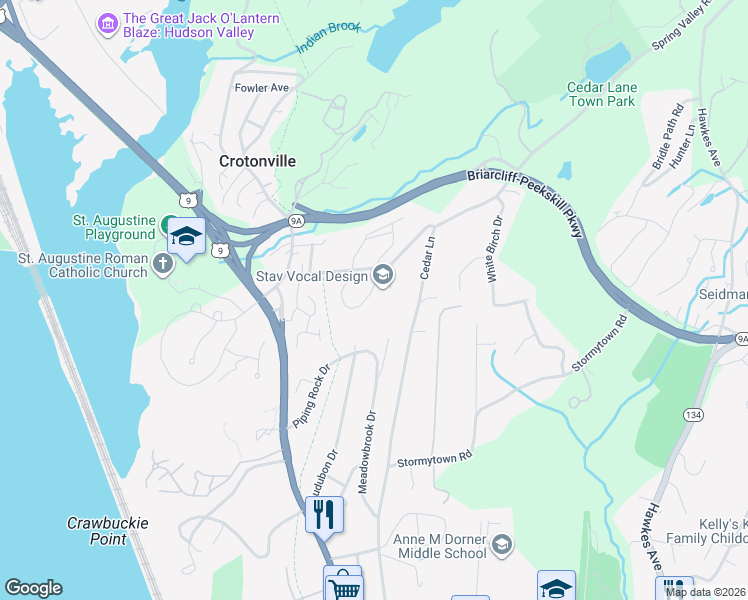 map of restaurants, bars, coffee shops, grocery stores, and more near 40 Meadowbrook Drive in Ossining