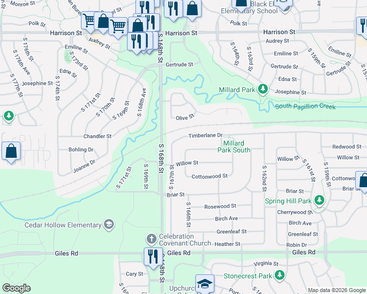 map of restaurants, bars, coffee shops, grocery stores, and more near 7712 South 166th Street in Omaha