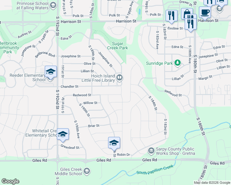 map of restaurants, bars, coffee shops, grocery stores, and more near 18606 Willow Street in Gretna