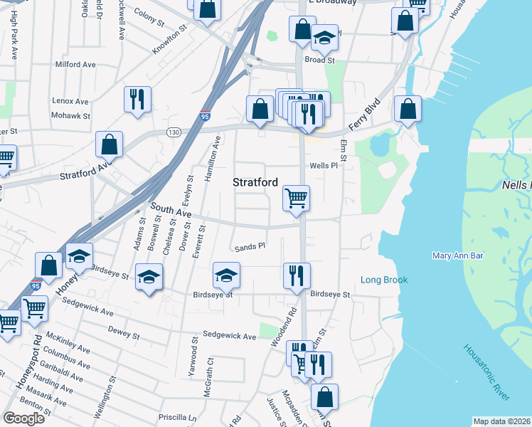 map of restaurants, bars, coffee shops, grocery stores, and more near 9 Holmes Street in Stratford