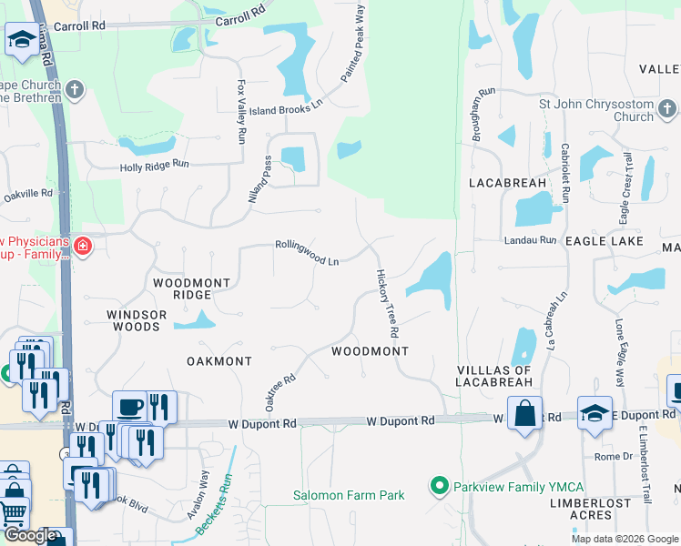 map of restaurants, bars, coffee shops, grocery stores, and more near 10816 Countrywood Trail in Fort Wayne