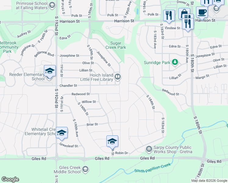 map of restaurants, bars, coffee shops, grocery stores, and more near 18606 Willow Street in Gretna