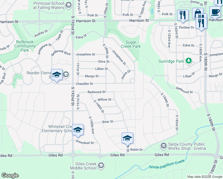 map of restaurants, bars, coffee shops, grocery stores, and more near 18805 Redwood Street in Omaha