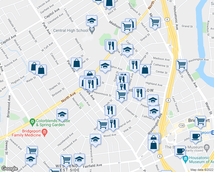 map of restaurants, bars, coffee shops, grocery stores, and more near 78 Chestnut Street in Bridgeport
