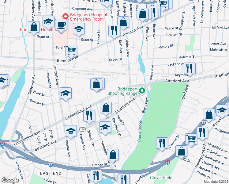 map of restaurants, bars, coffee shops, grocery stores, and more near 1016 Connecticut Avenue in Bridgeport