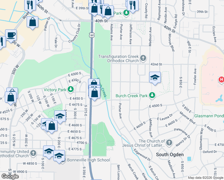 map of restaurants, bars, coffee shops, grocery stores, and more near 4315 Adams Avenue in South Ogden