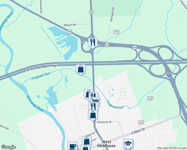 map of restaurants, bars, coffee shops, grocery stores, and more near 3407-3427 New Castle Road in West Middlesex