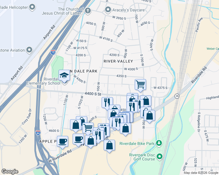 map of restaurants, bars, coffee shops, grocery stores, and more near 904 West 4400 South in Riverdale