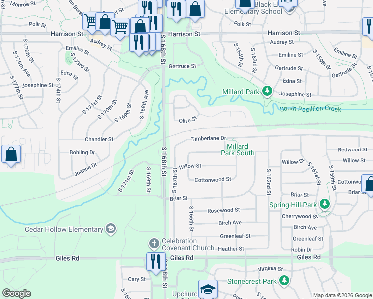 map of restaurants, bars, coffee shops, grocery stores, and more near 7712 South 166th Street in Omaha