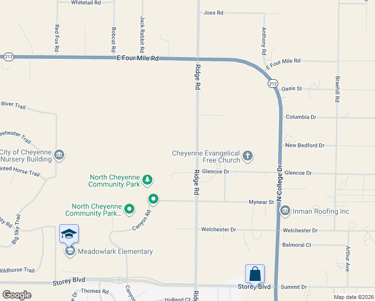 map of restaurants, bars, coffee shops, grocery stores, and more near 6912 Ridge Road in Cheyenne