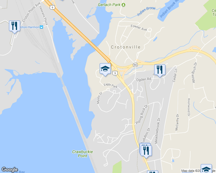 map of restaurants, bars, coffee shops, grocery stores, and more near 125 Mystic Drive in Ossining