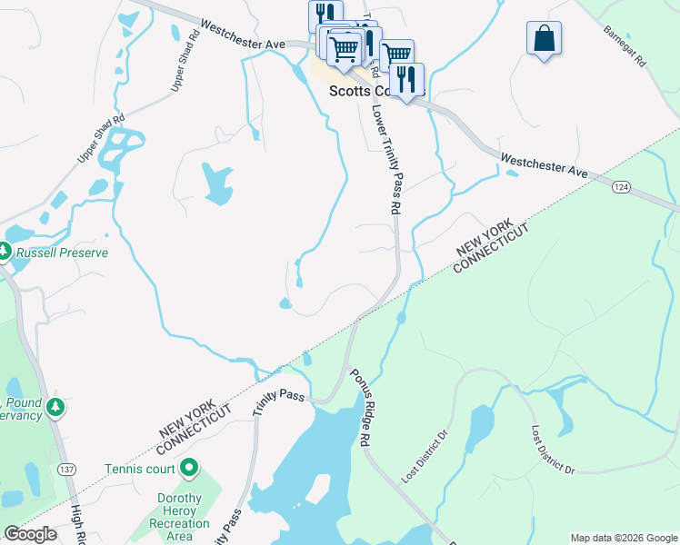 map of restaurants, bars, coffee shops, grocery stores, and more near 8 Rolling Meadow Lane in Pound Ridge