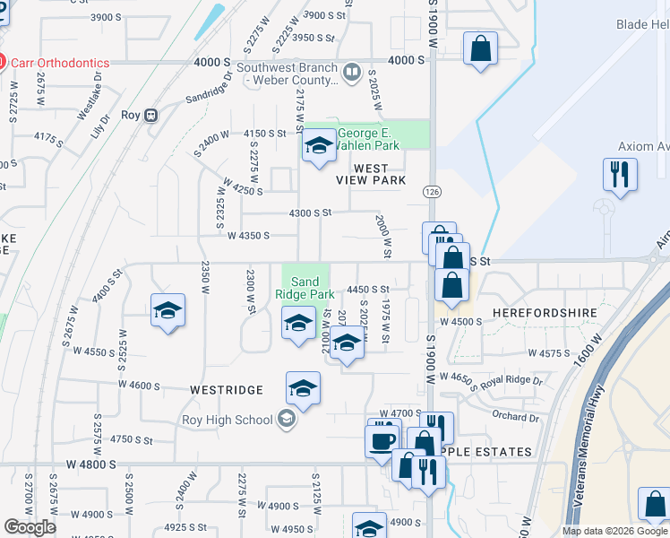 map of restaurants, bars, coffee shops, grocery stores, and more near 2093 West 4400 South in Roy