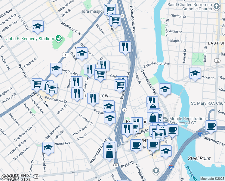 map of restaurants, bars, coffee shops, grocery stores, and more near 83 Highland Avenue in Bridgeport
