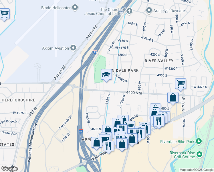 map of restaurants, bars, coffee shops, grocery stores, and more near 1139 West 4400 South in Riverdale