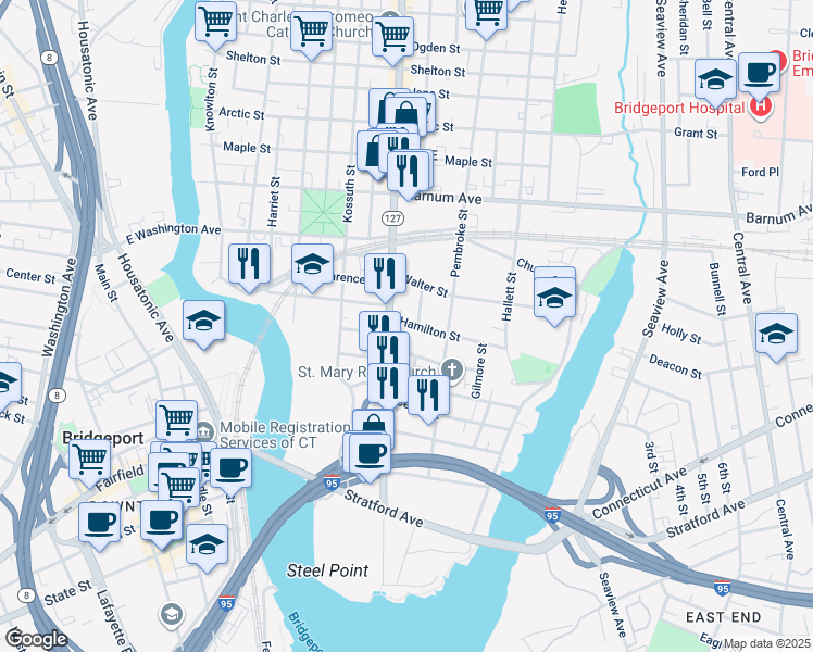 map of restaurants, bars, coffee shops, grocery stores, and more near 20 Steuben Street in Bridgeport