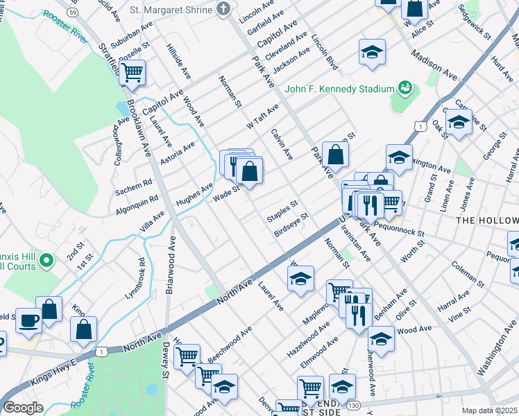 map of restaurants, bars, coffee shops, grocery stores, and more near 774 Wood Avenue in Bridgeport