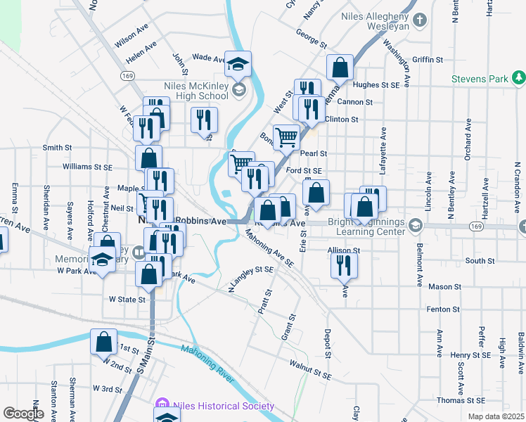 map of restaurants, bars, coffee shops, grocery stores, and more near 327 Ohio 169 in Niles