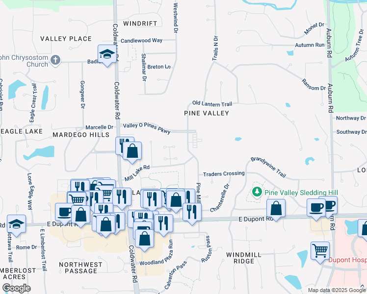 map of restaurants, bars, coffee shops, grocery stores, and more near 10811 Pine Mills Road in Fort Wayne