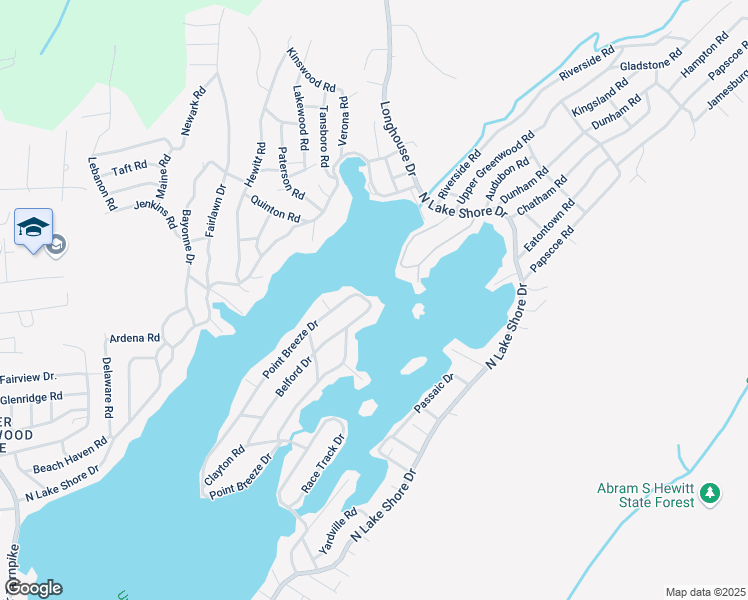 map of restaurants, bars, coffee shops, grocery stores, and more near 189 Point Breeze Drive in West Milford
