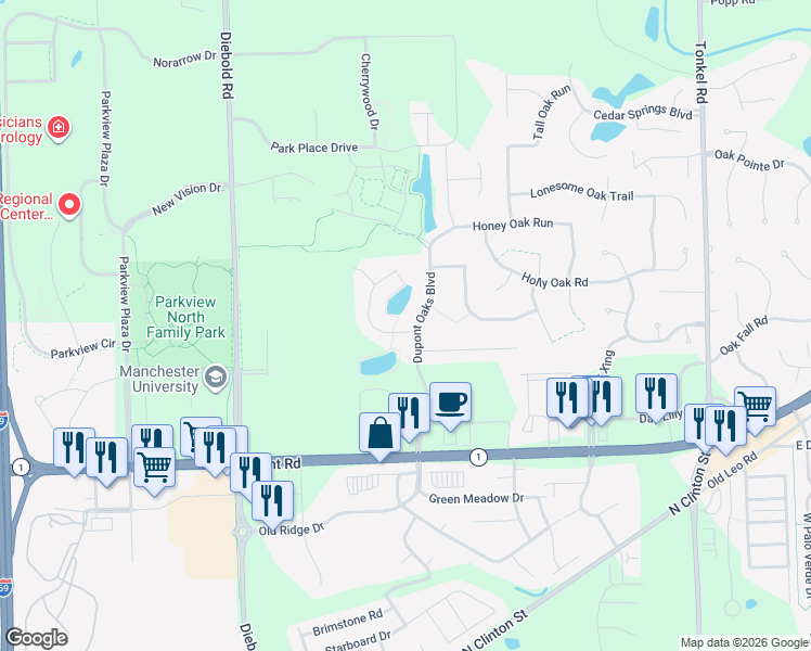 map of restaurants, bars, coffee shops, grocery stores, and more near 10719-10723 Dupont Oaks Boulevard in Fort Wayne