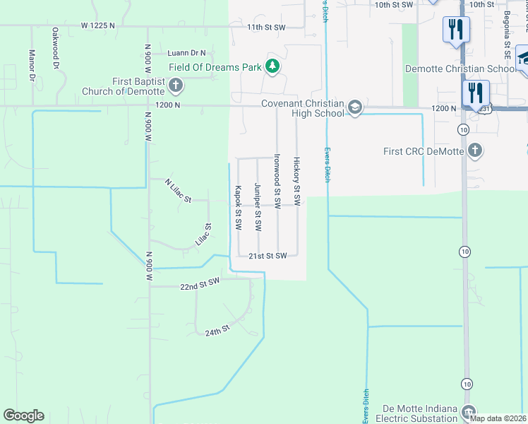 map of restaurants, bars, coffee shops, grocery stores, and more near 1928 Ironwood Street Southwest in De Motte