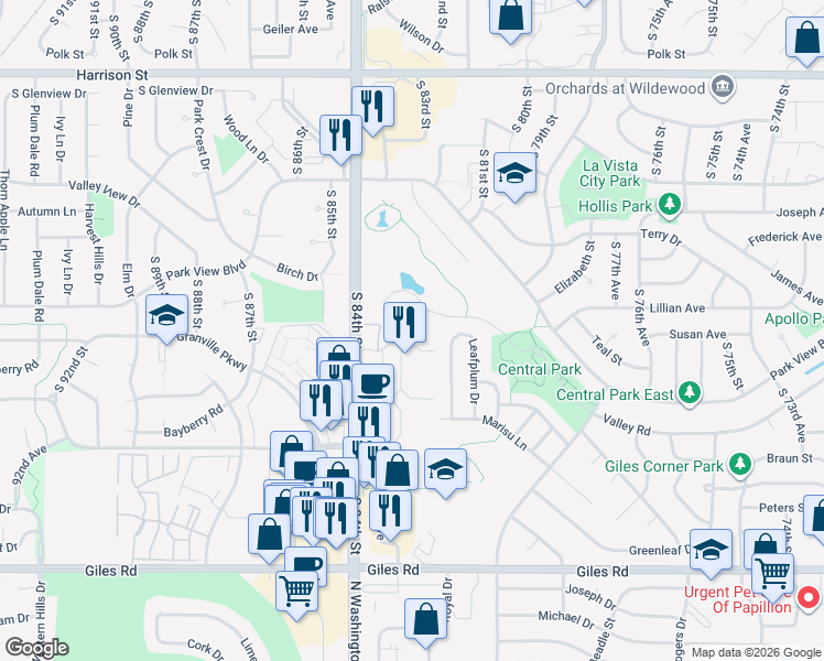 map of restaurants, bars, coffee shops, grocery stores, and more near 8219 City Centre Drive in La Vista