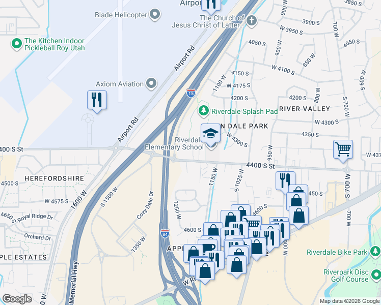 map of restaurants, bars, coffee shops, grocery stores, and more near 1198 West 4400 South in Riverdale