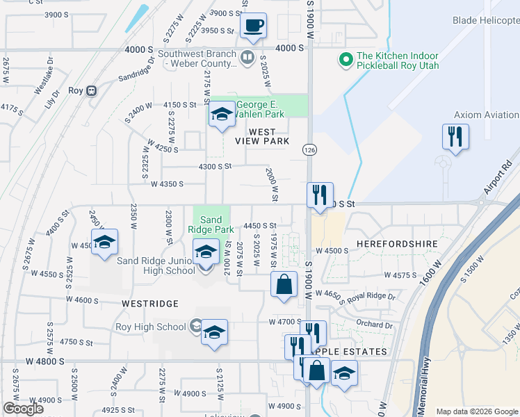 map of restaurants, bars, coffee shops, grocery stores, and more near 2029 West 4400 South in Roy