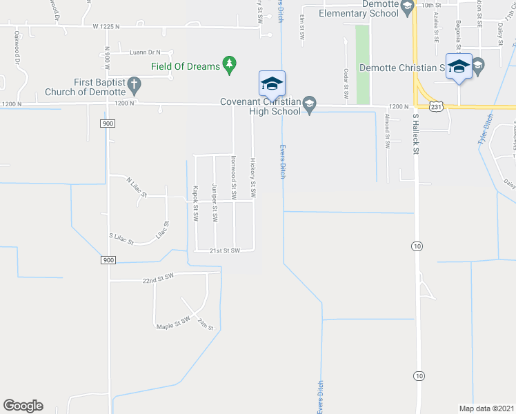 map of restaurants, bars, coffee shops, grocery stores, and more near 1919 Hickory Street Southwest in De Motte