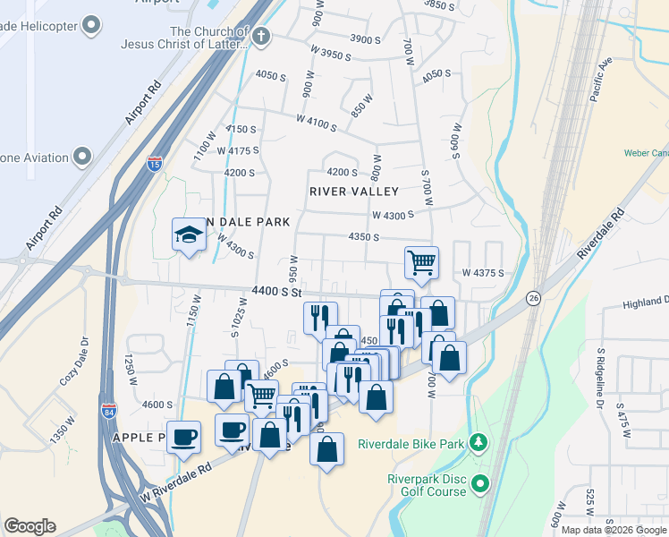 map of restaurants, bars, coffee shops, grocery stores, and more near 875 West 4375 South in Riverdale