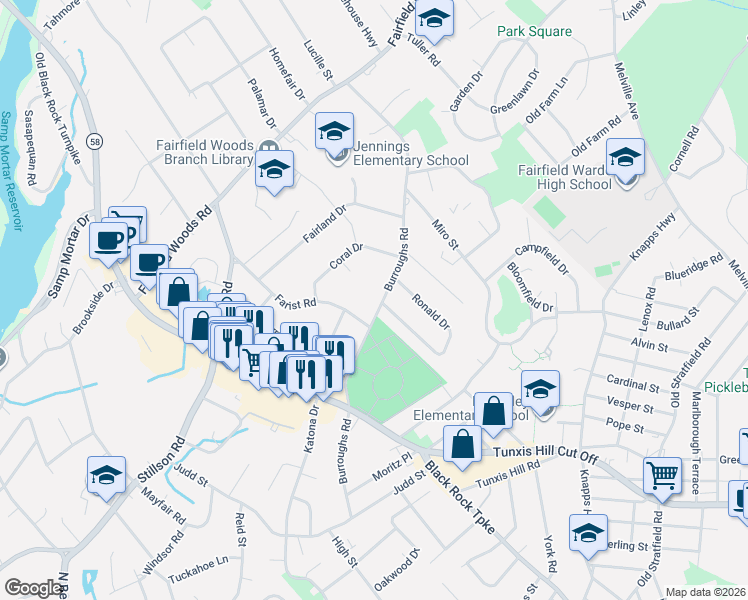 map of restaurants, bars, coffee shops, grocery stores, and more near 50 Pompano Place in Fairfield