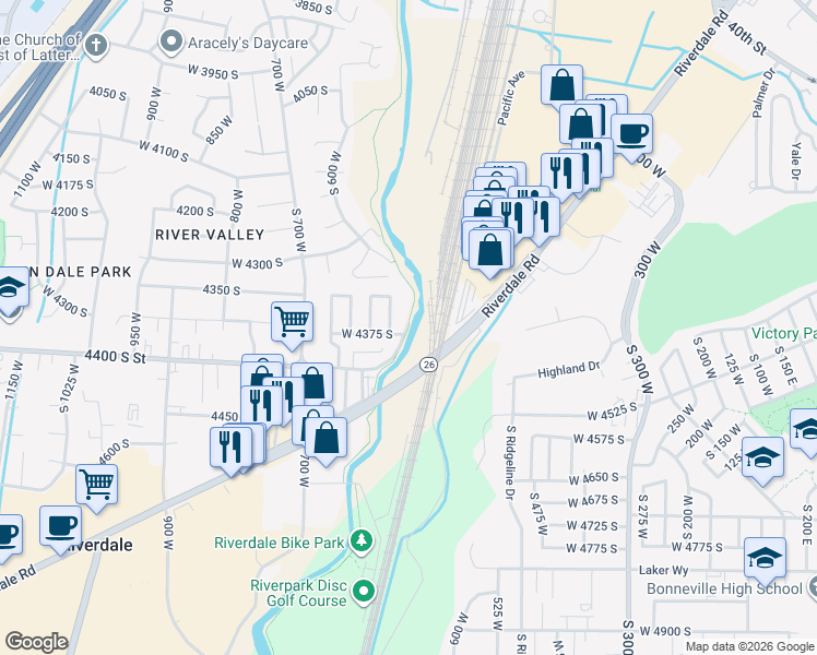 map of restaurants, bars, coffee shops, grocery stores, and more near 4375 South Weber Drive in Riverdale
