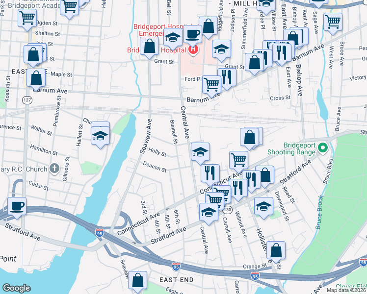 map of restaurants, bars, coffee shops, grocery stores, and more near 1239 Central Avenue in Bridgeport
