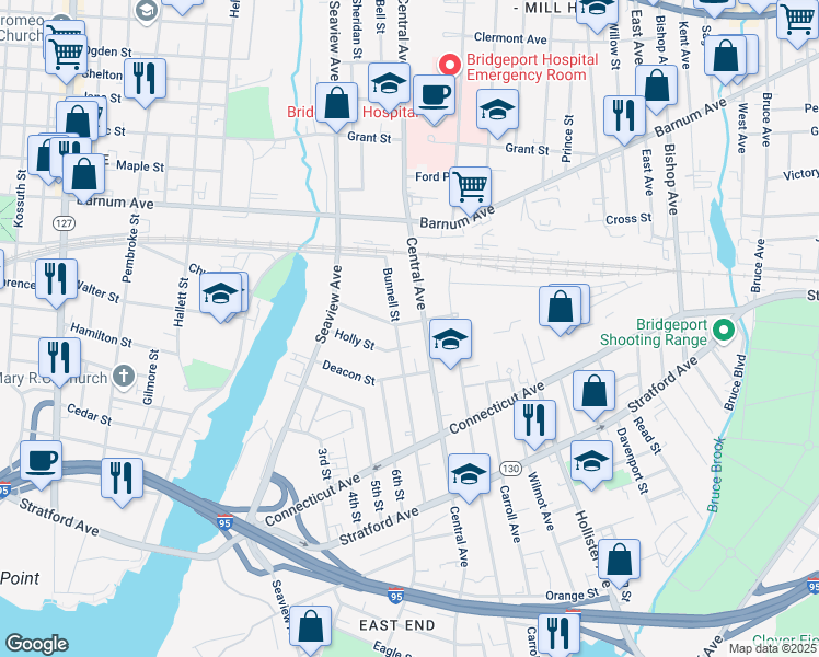 map of restaurants, bars, coffee shops, grocery stores, and more near 1239 Central Avenue in Bridgeport
