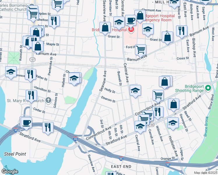 map of restaurants, bars, coffee shops, grocery stores, and more near 1542 Seaview Avenue in Bridgeport