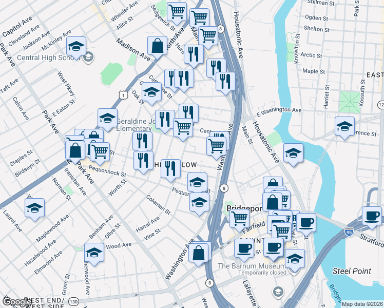 map of restaurants, bars, coffee shops, grocery stores, and more near 181 Lexington Avenue in Bridgeport