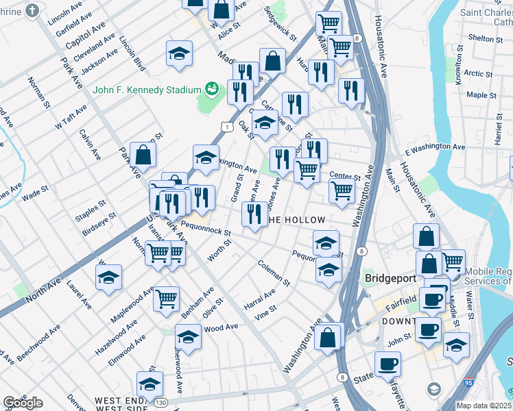 map of restaurants, bars, coffee shops, grocery stores, and more near 157 Jones Avenue in Bridgeport