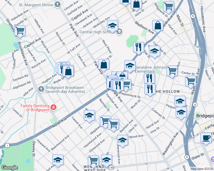 map of restaurants, bars, coffee shops, grocery stores, and more near 1815 Park Avenue in Bridgeport