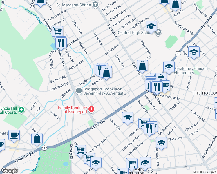 map of restaurants, bars, coffee shops, grocery stores, and more near 909 Wood Avenue in Bridgeport