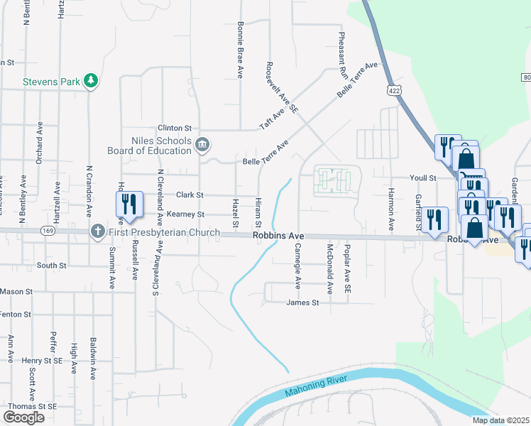 map of restaurants, bars, coffee shops, grocery stores, and more near 1540 Hiram Street in Niles