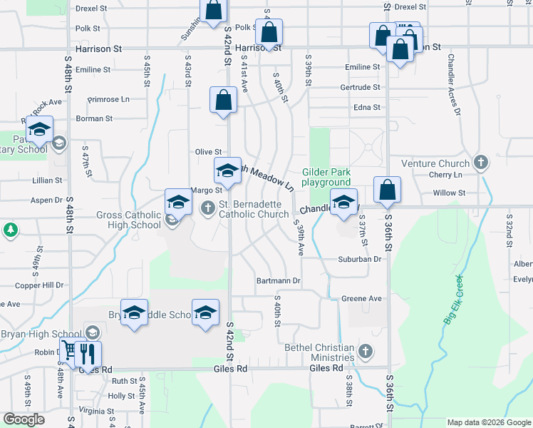 map of restaurants, bars, coffee shops, grocery stores, and more near 7610 South 40th Street in Bellevue